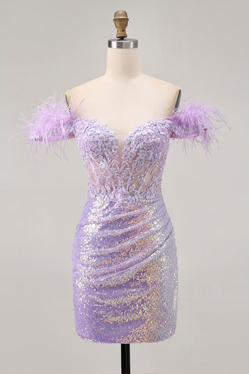 Sparkly Lilac Sequins Off The Shoulder Corset Short Homecoming Dress